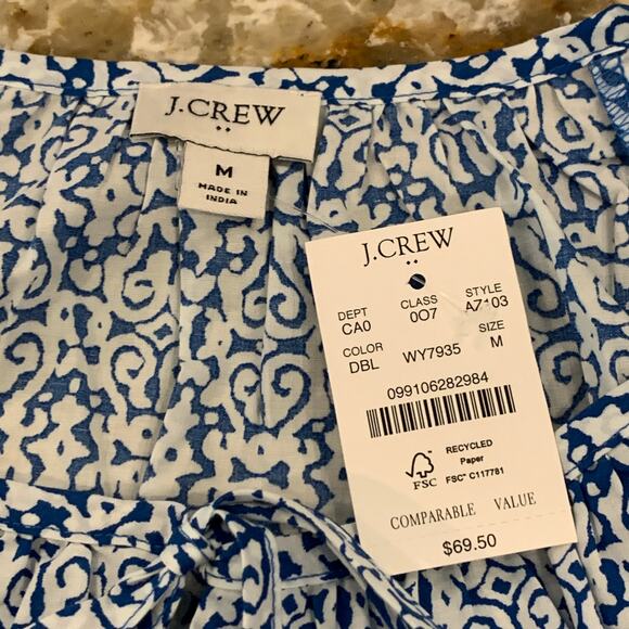 NWT J. Crew Blue and White Raglan Cotton Tassel Tie Boho Top  - SIZE MEDIUM - Picture 8 of 10